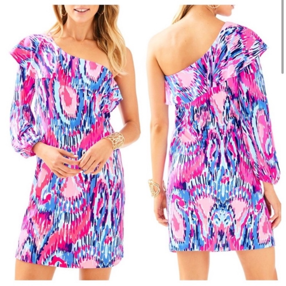 Lilly Pulitzer Amante 100% Silk Jersey Dress One Shoulder Free Spirit Medium